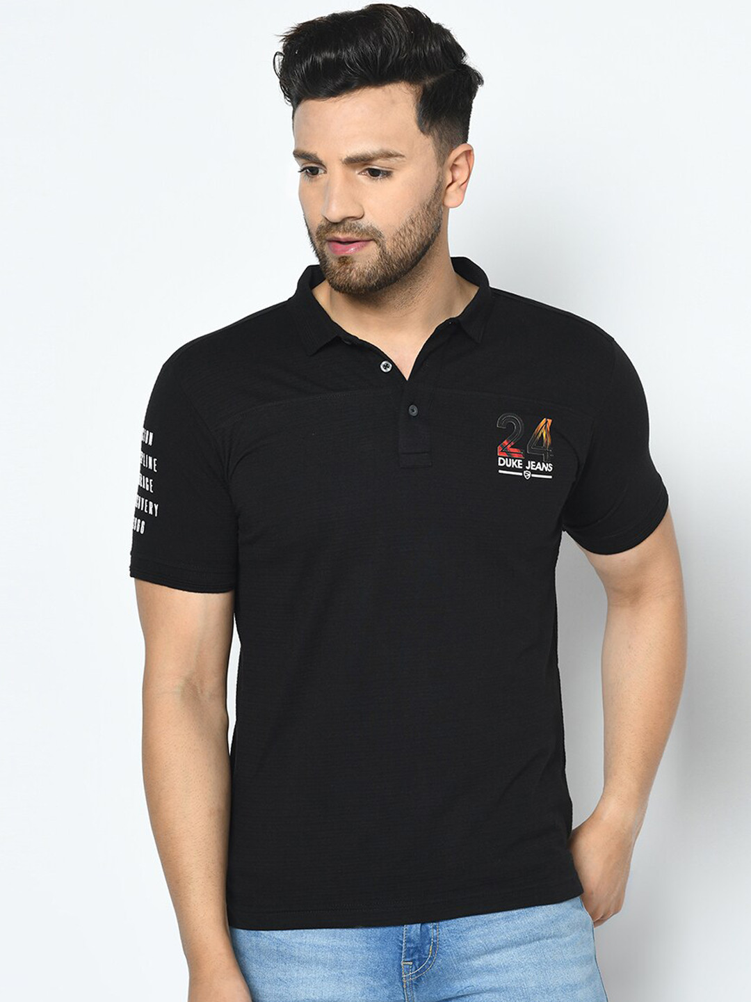 

Duke Men Black Printed Polo Collar T-shirt