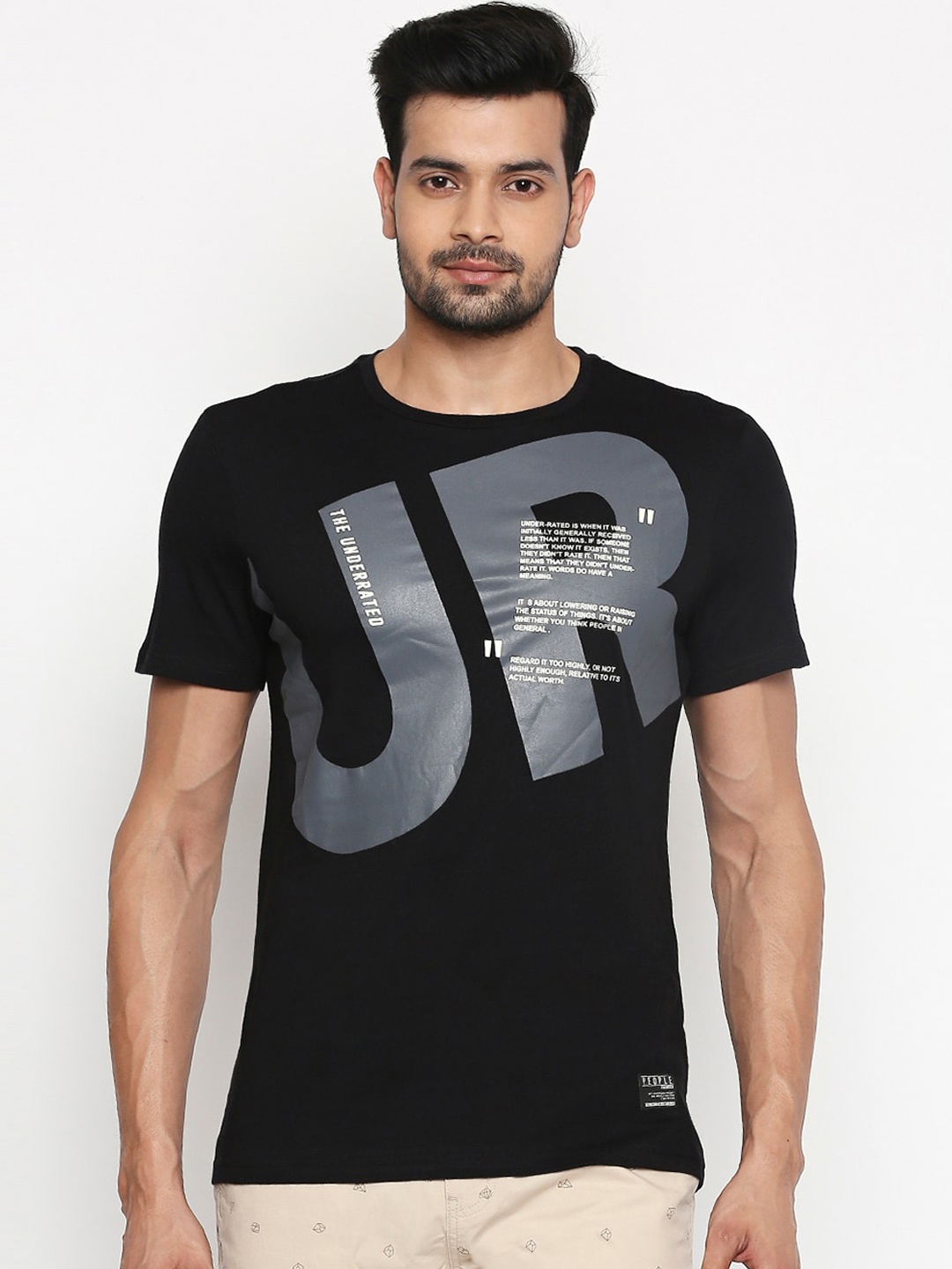 People Men Black & Grey Printed Round Neck T-shirt