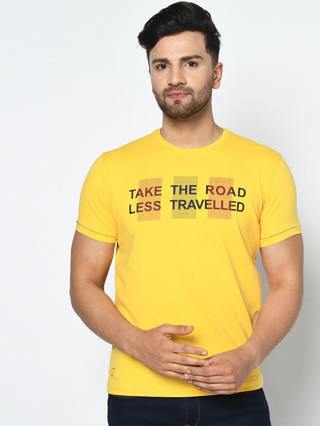 

Duke Men Yellow Solid Round Neck Cotton T-shirt