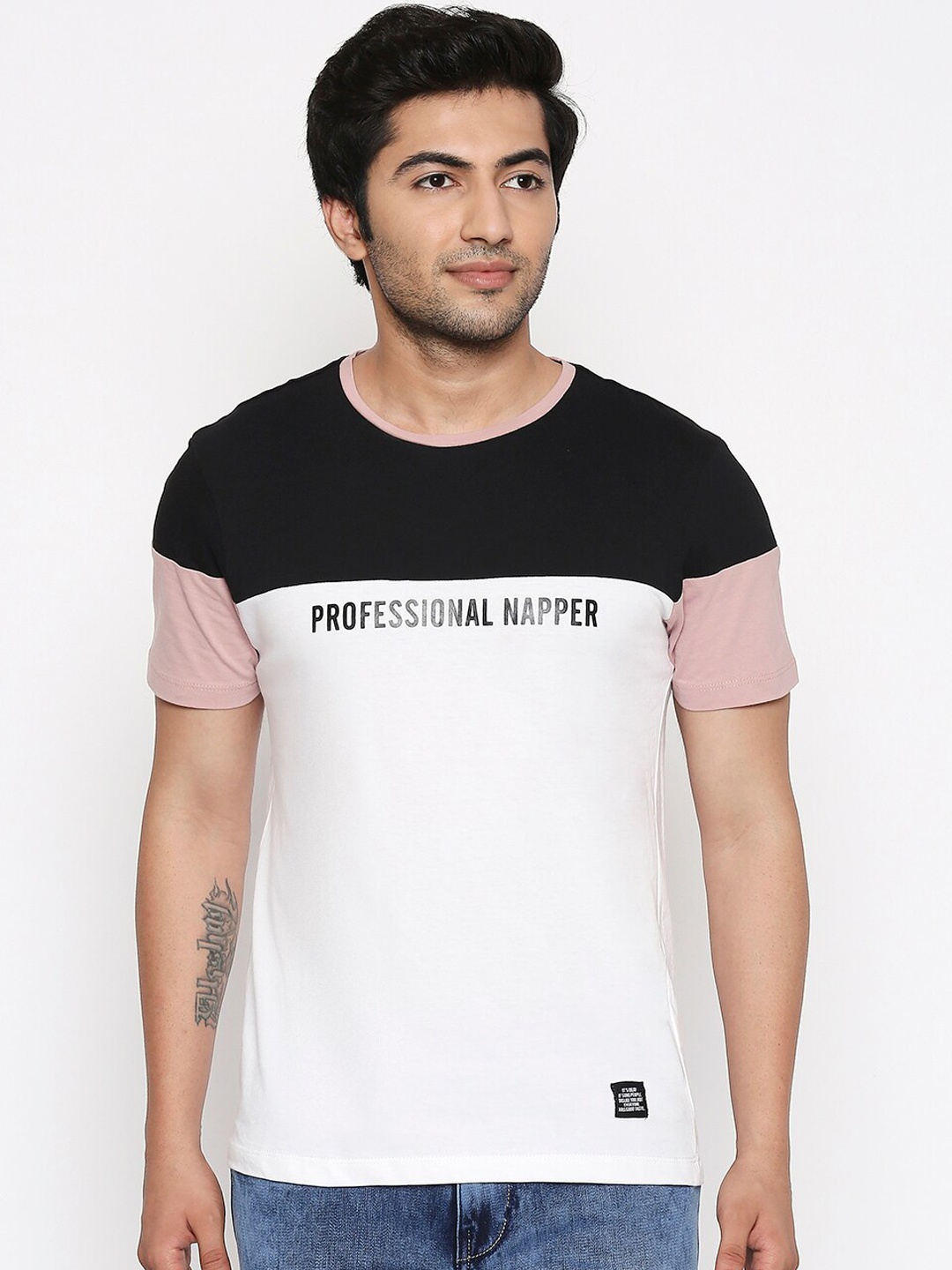 

People Men Black White Colourblocked Round Neck Pure Cotton T-shirt