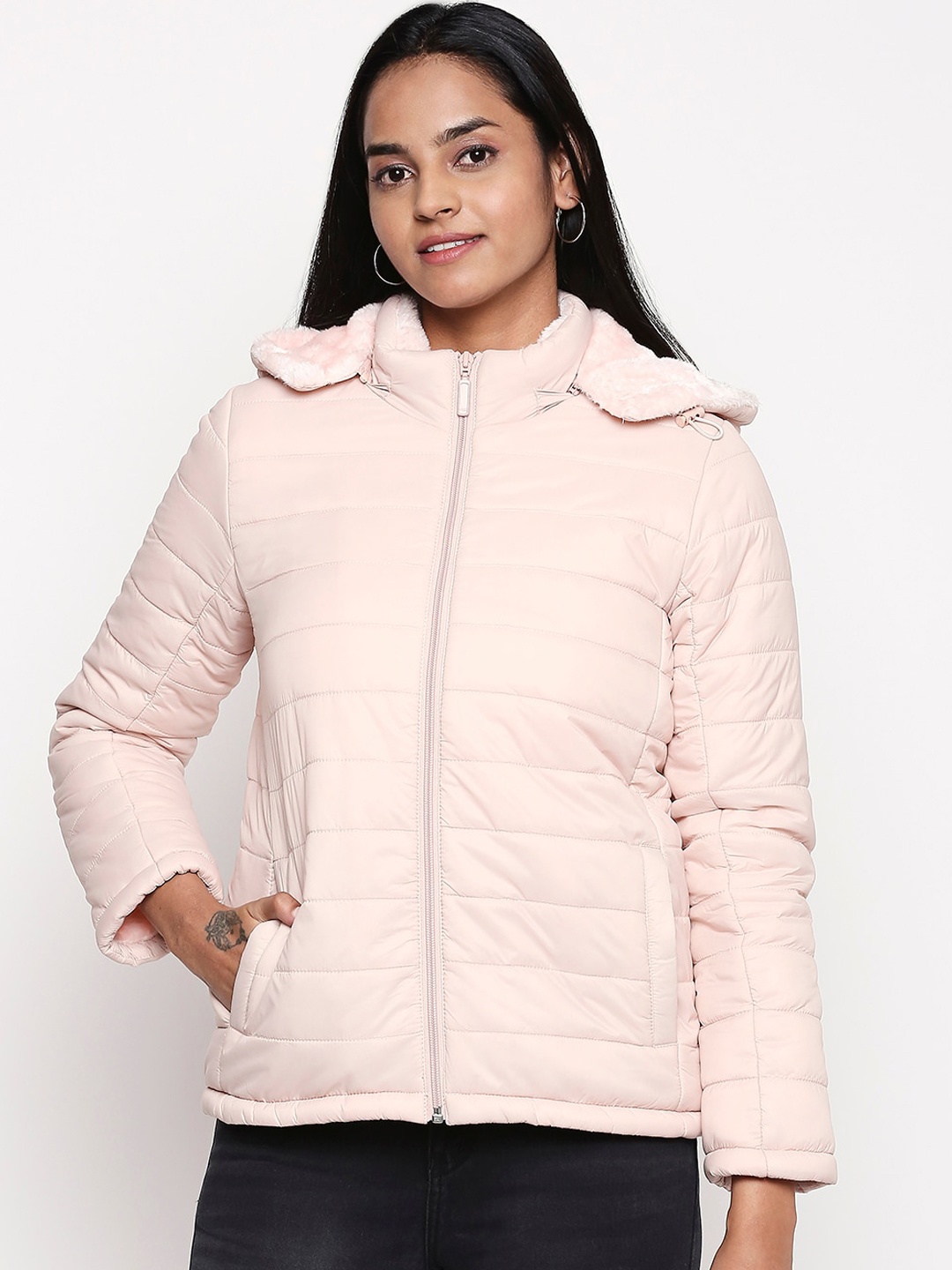 

People Women Pink Solid Padded Jacket