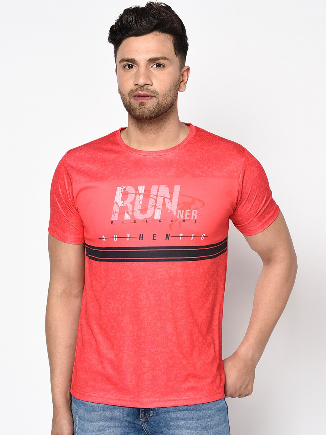 

Duke Men Red Printed Round Neck Cotton T-shirt
