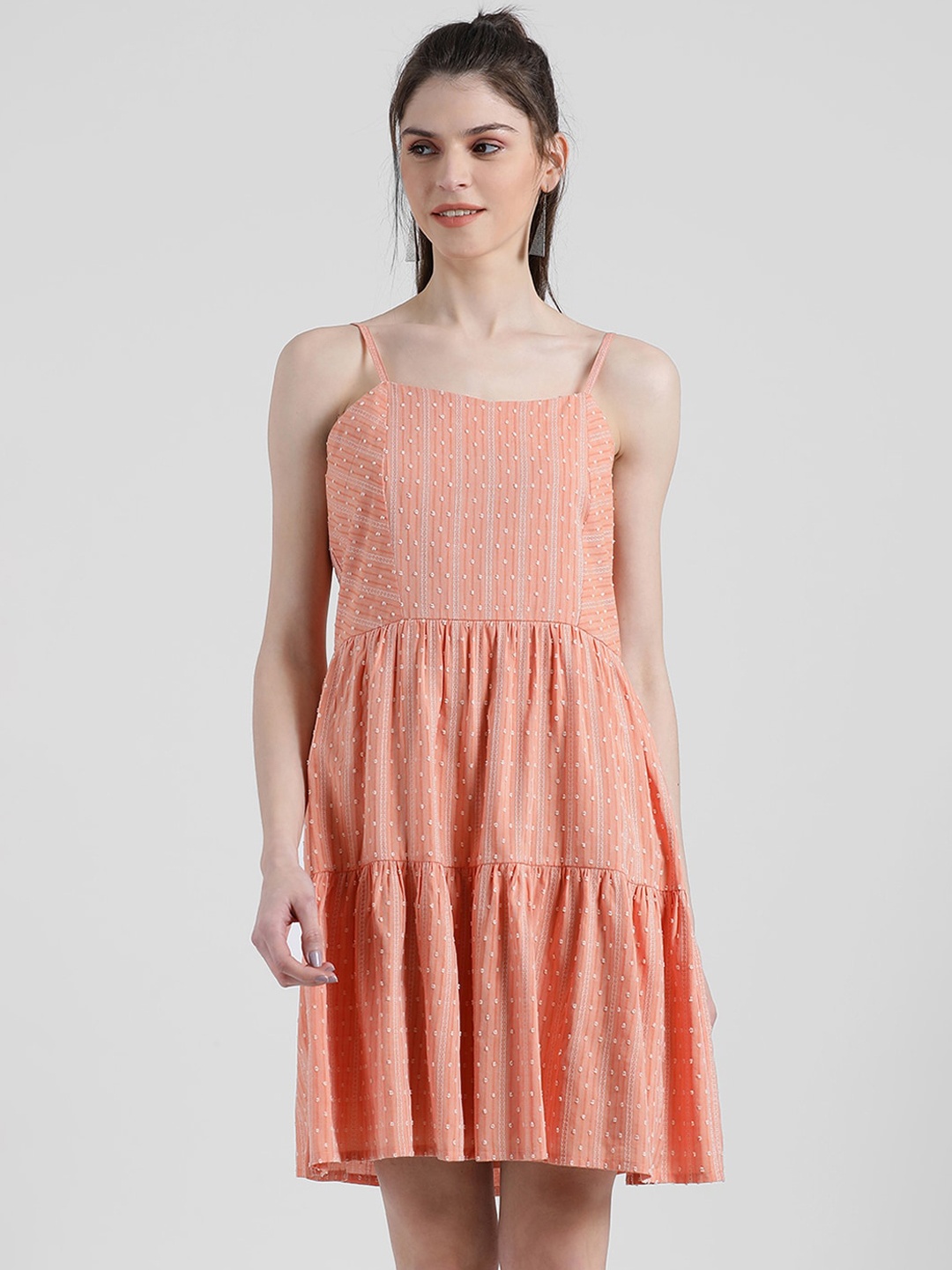 

Zink London Women Peach-Coloured Printed Fit and Flare Dress