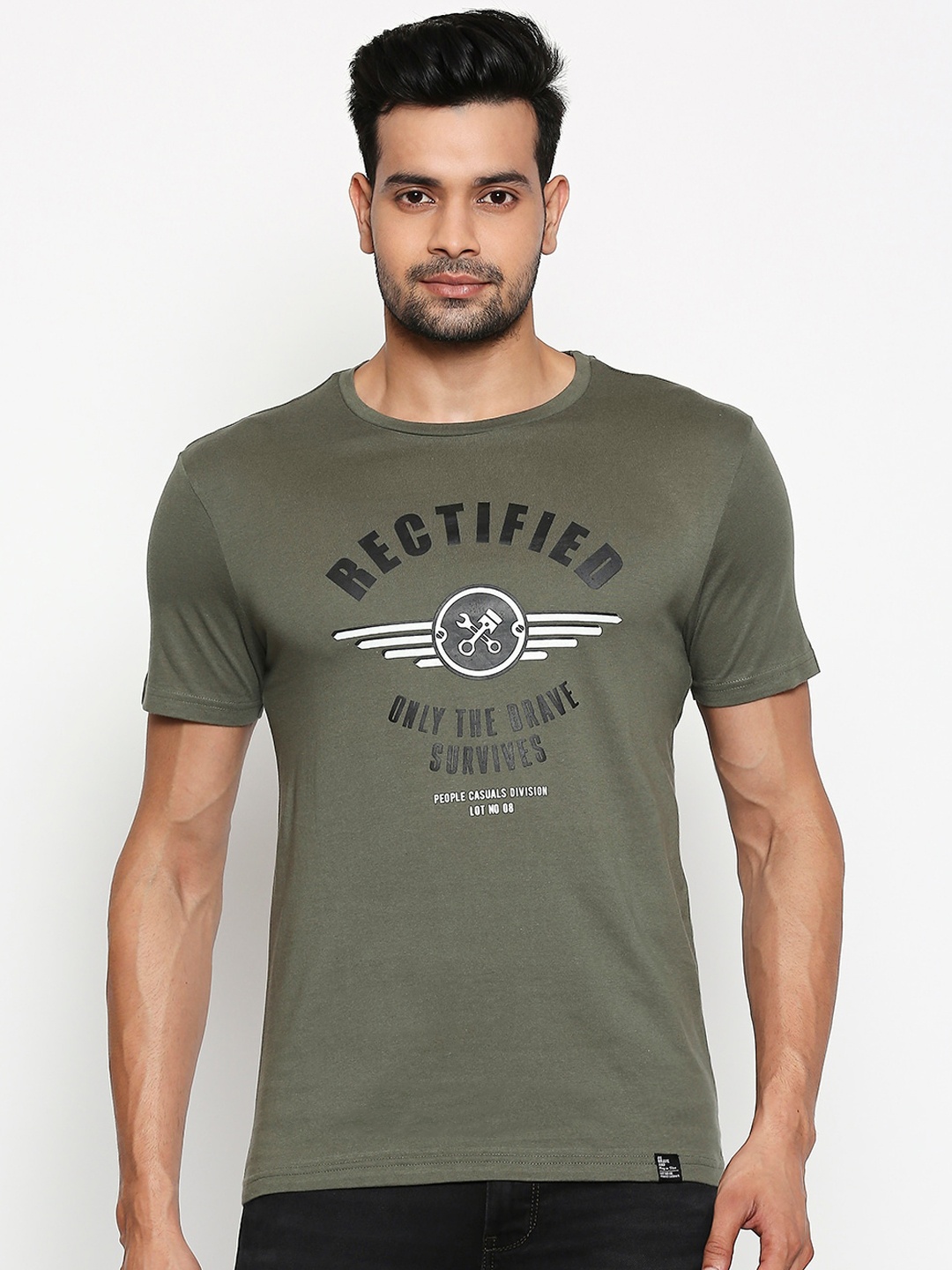 People Men Olive Green Printed Round Neck Pure Cotton T-shirt