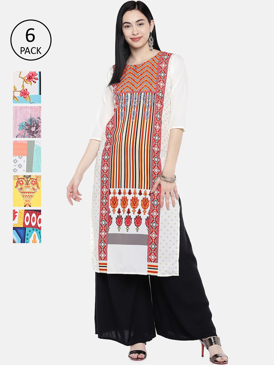 

7Threads Women Multicoloured Pack of 6 Printed Straight Kurtas, Multi