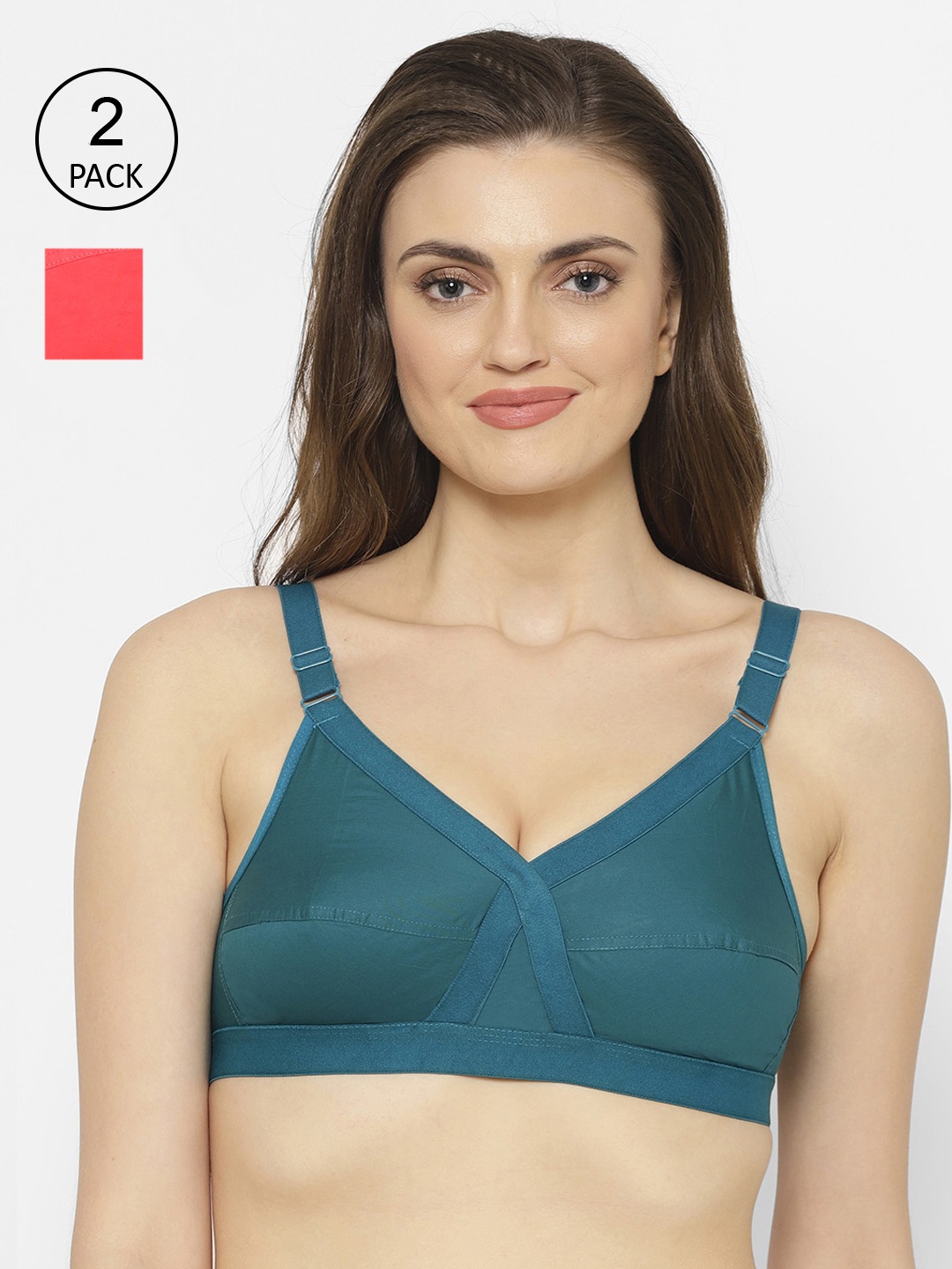 

Floret Pack Of 2 Solid Non Padded Non Wired Everyday Bra Cross Fit_Tomato-Teal, Red