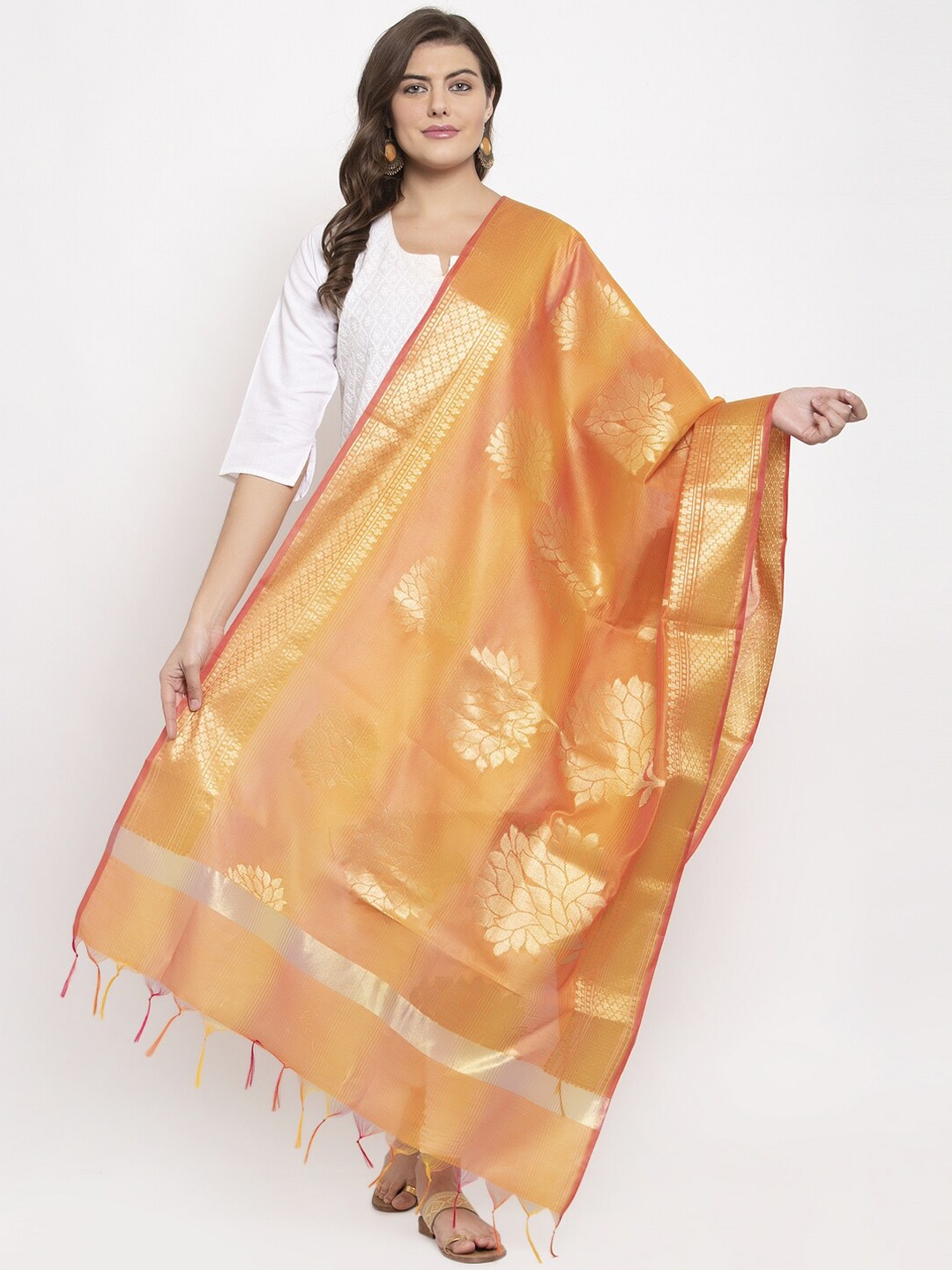 

LOOM LEGACY Women Orange & Gold-Coloured Woven Design Banarsi Dupatta