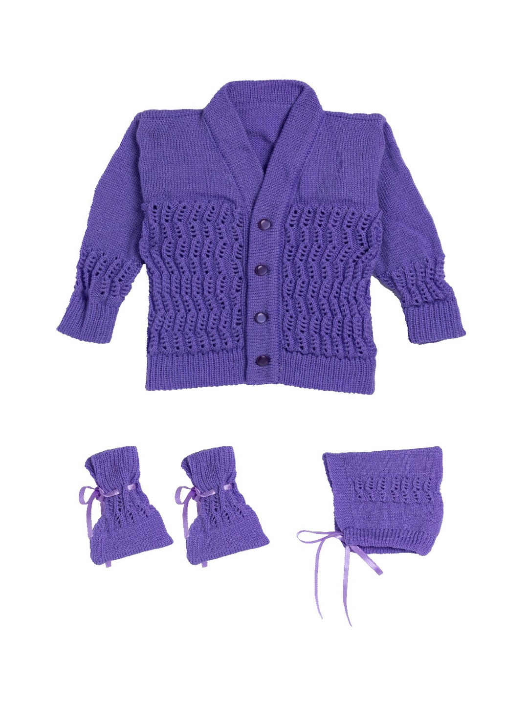 

Little Angels Infant Kids Violet Self-Design Acrylic Cardigan Sweater Set