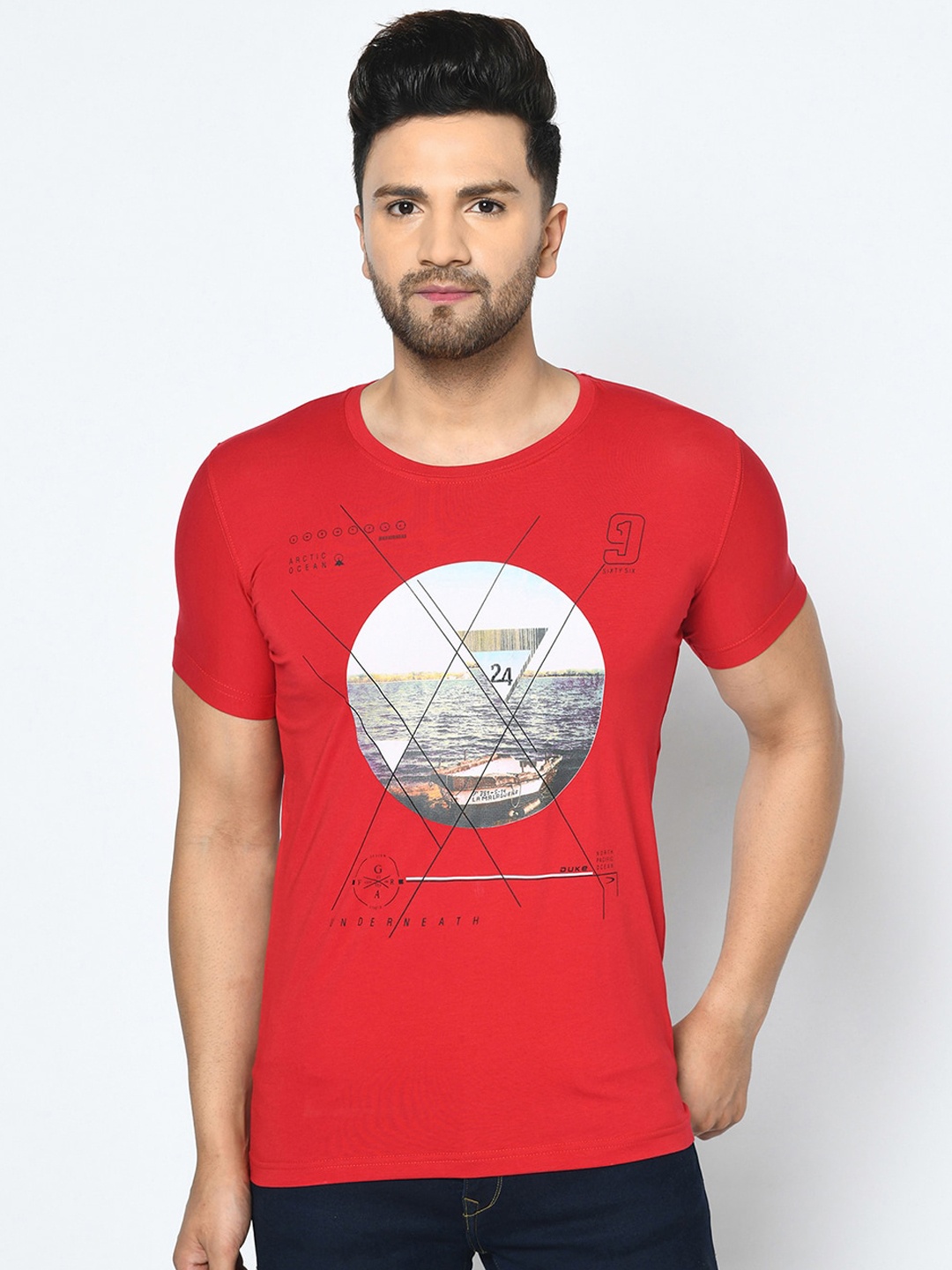 

Duke Men Red Printed Round Neck T-shirt