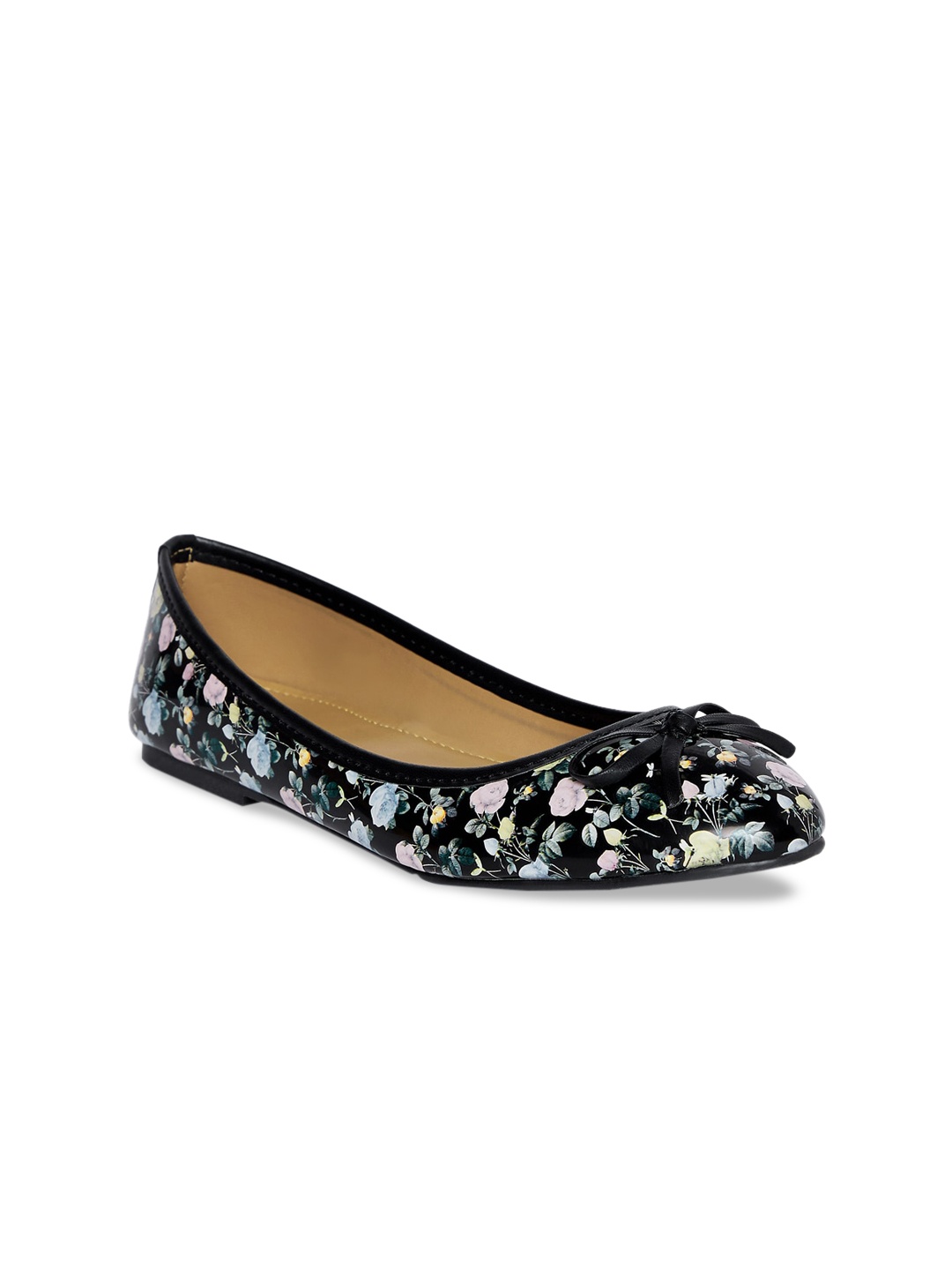 

People Women Black & Off-White Floral Printed Leather Ballerinas