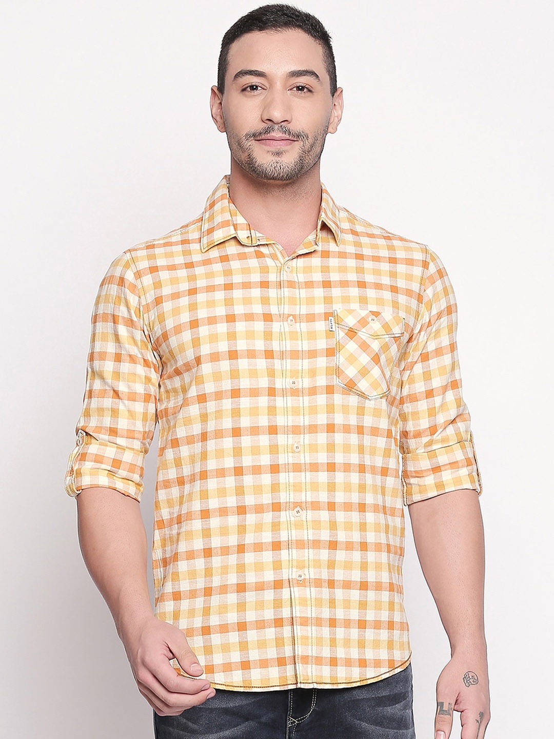 

Mufti Men Yellow Slim Fit Checked Casual Shirt