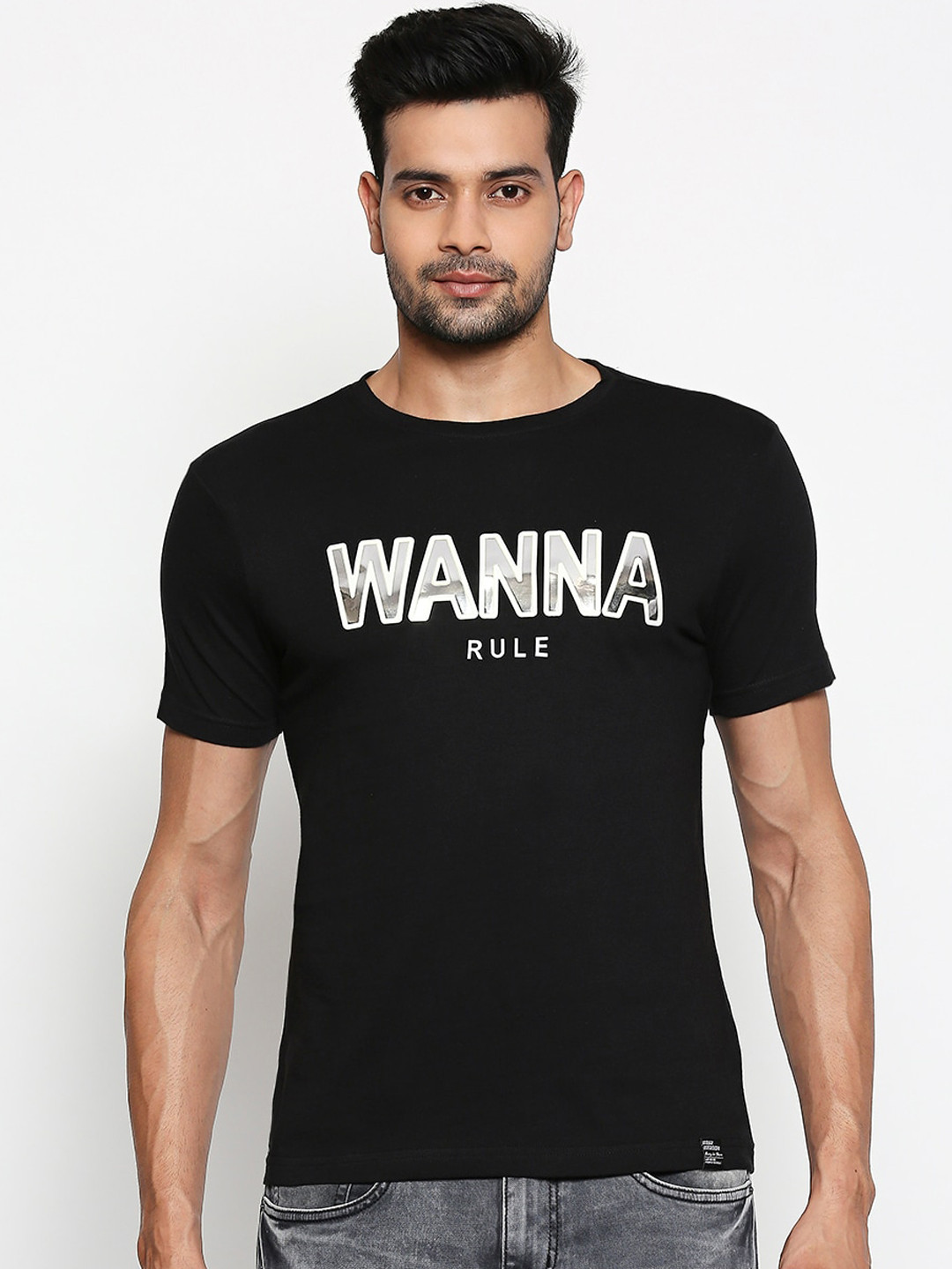 

People Men Black Printed Round Neck Pure Cotton T-shirt