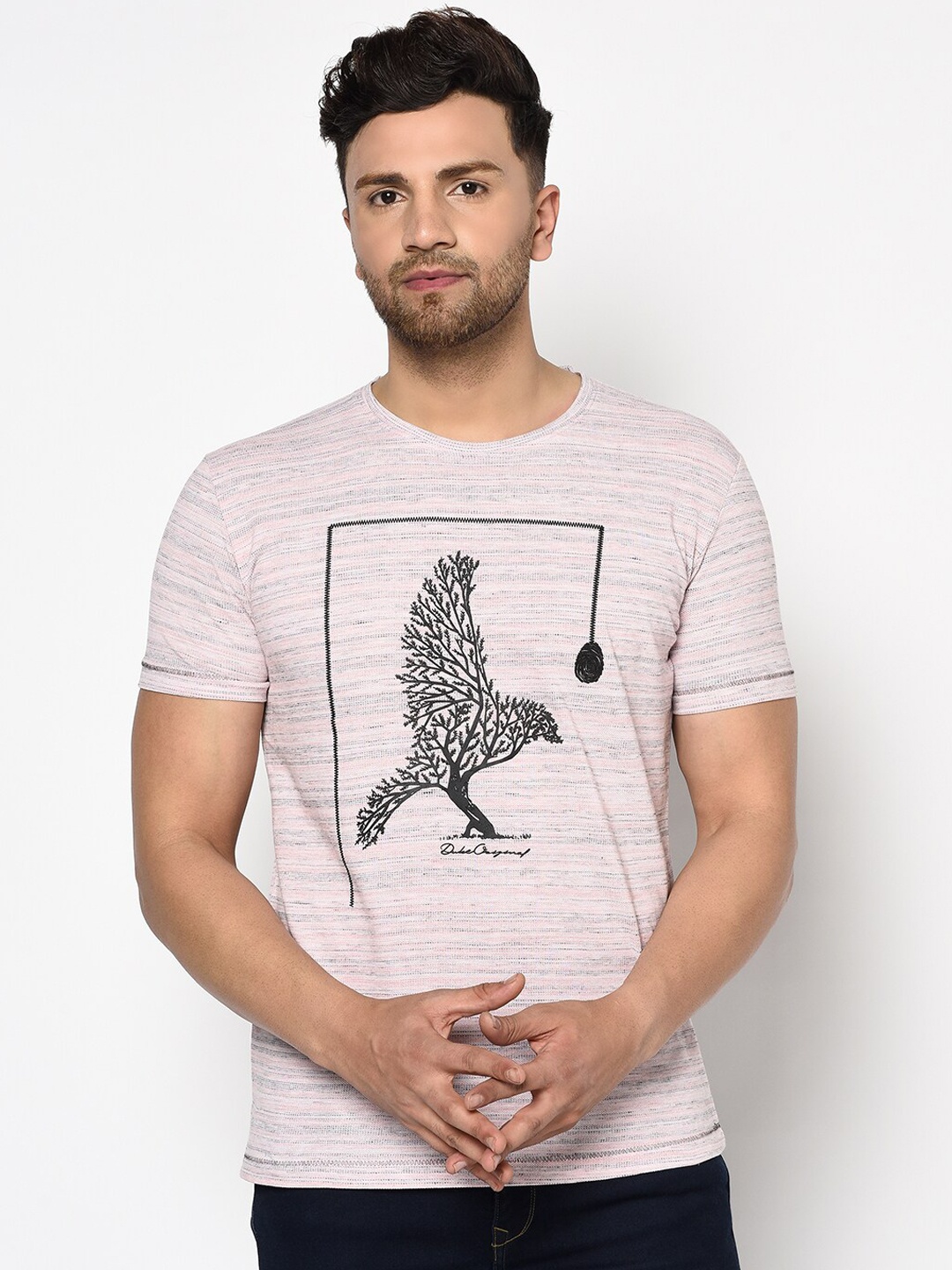 

Duke Men Pink & Black Printed Round Neck T-shirt