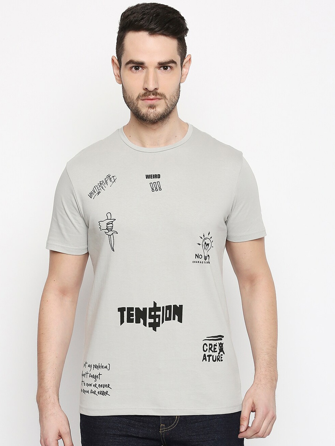 

People Men Grey Printed Round Neck T-shirt