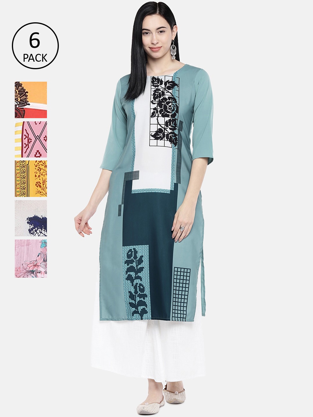 

7Threads Women Multicoloured Pack of 6 Printed Straight Kurtas, Multi
