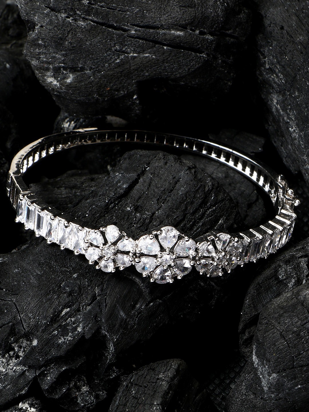 ANIKAS CREATION Silver-Plated White AD-Studded Bangle-Style Bracelet
