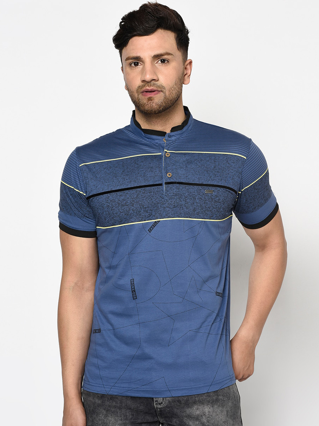 

Duke Men Blue Self Design Henley Neck T-shirt