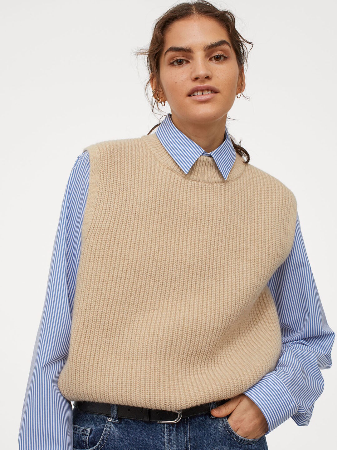 

H&M Women Beige Rib-Knit Slipover