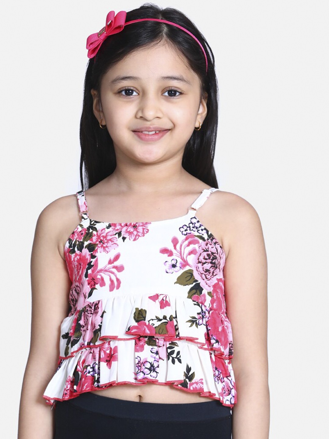 

Cutiekins Girls White & Pink Floral Printed Peplum Top