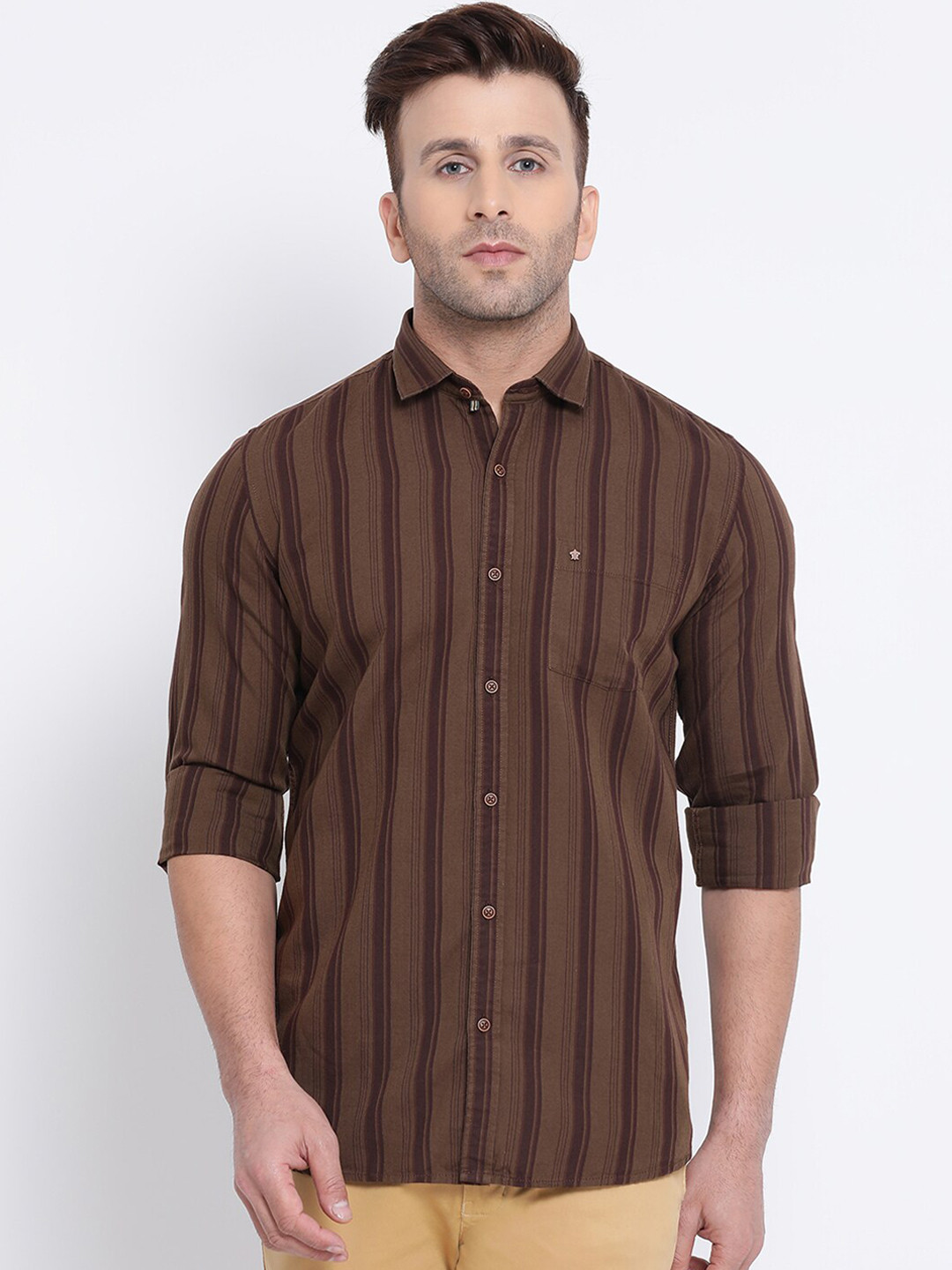 

Turtle Men Brown Slim Fit Striped Casual Shirt