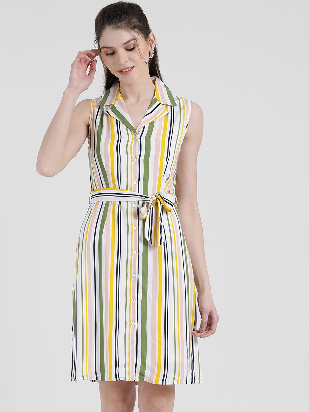 

Zink London Women White & Yellow Striped Shirt Dress