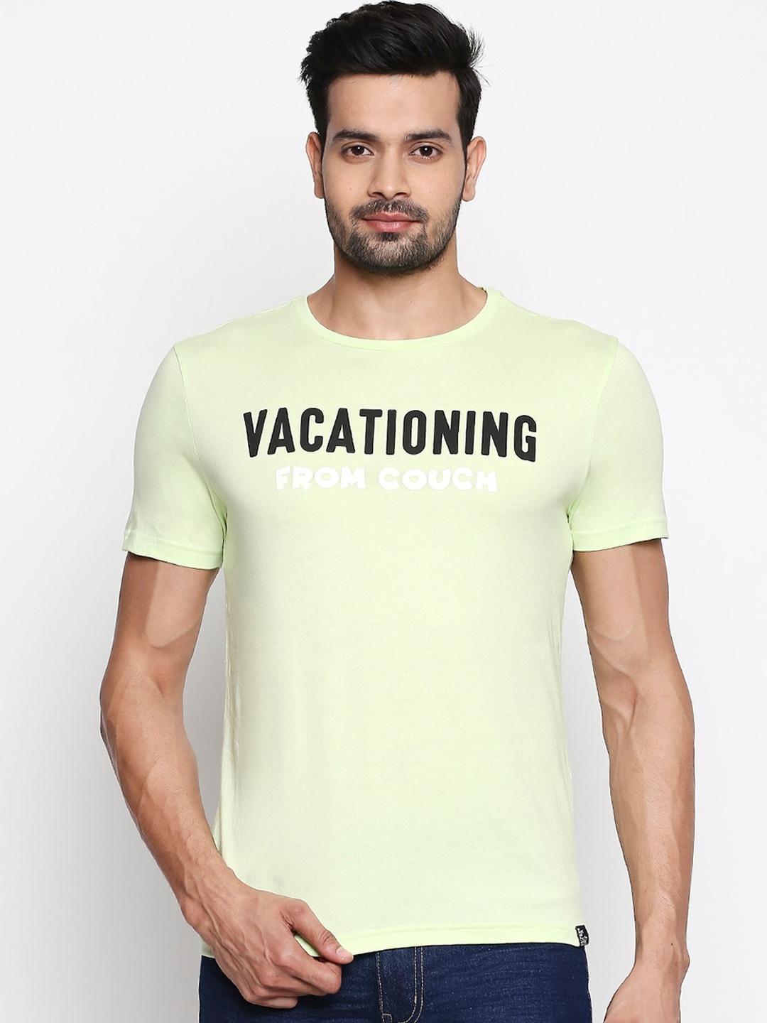 

People Men Green Printed Round Neck Pure Cotton T-shirt
