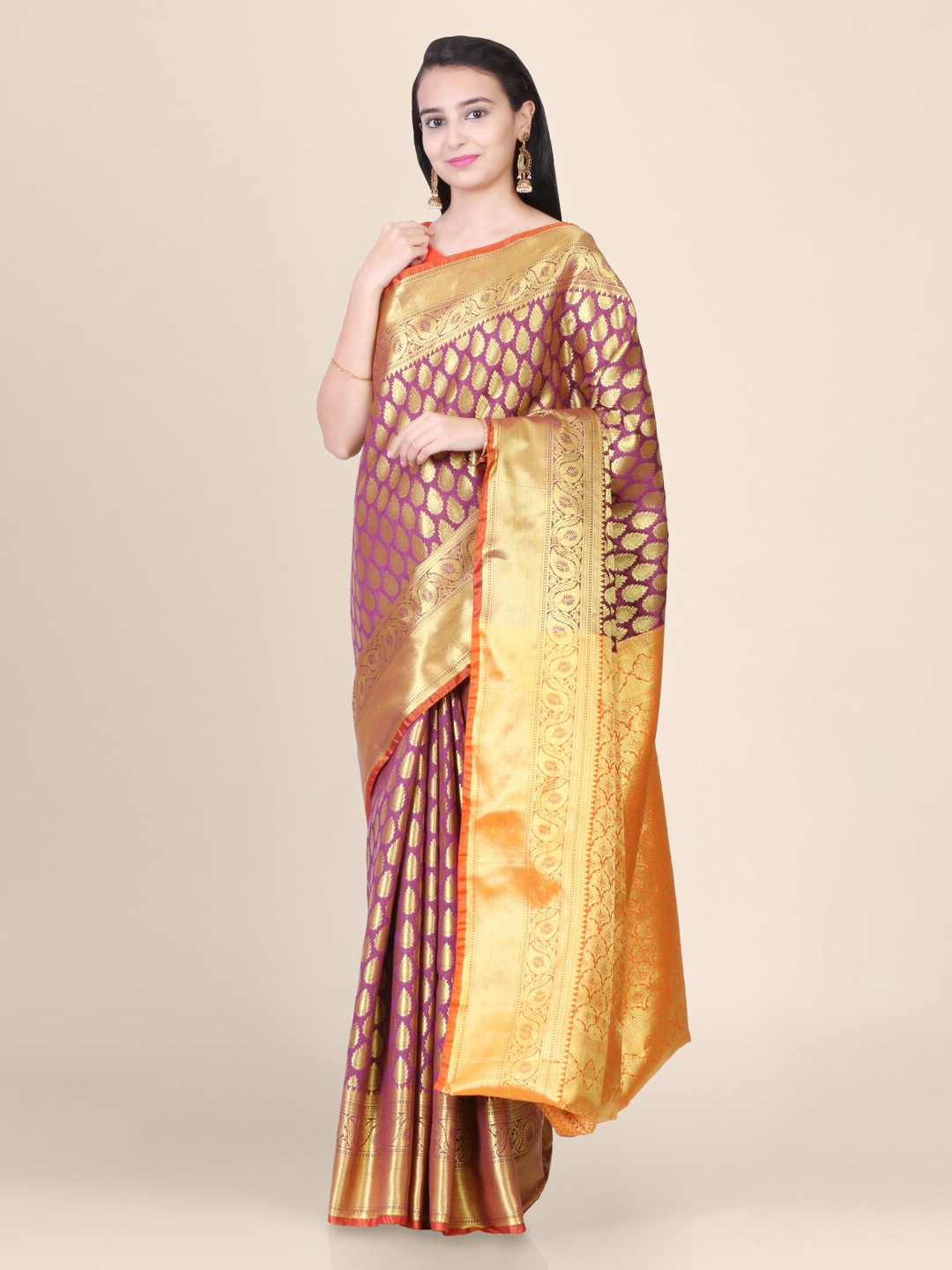 

Hastakala Purple & Gold-Toned Art Silk Printed Chanderi Saree