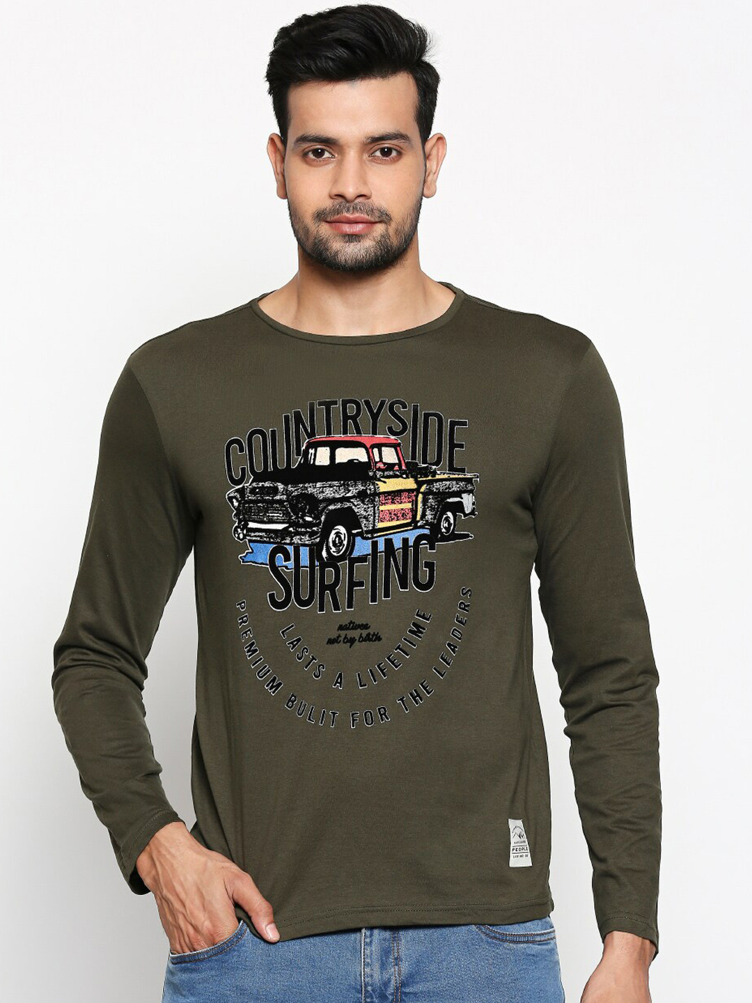 

People Men Olive Green Printed Round Neck Pure Cotton T-shirt