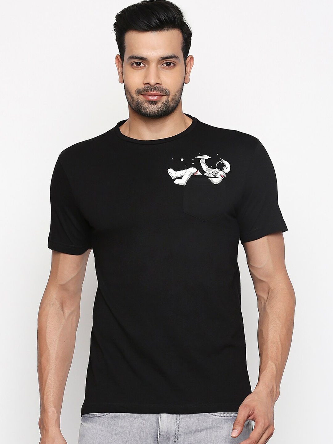 

People Men Black Printed Round Neck Pure Cotton T-shirt