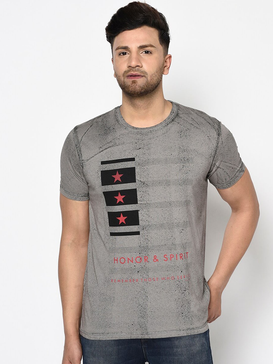 

Duke Men Grey Printed Round Neck T-shirt