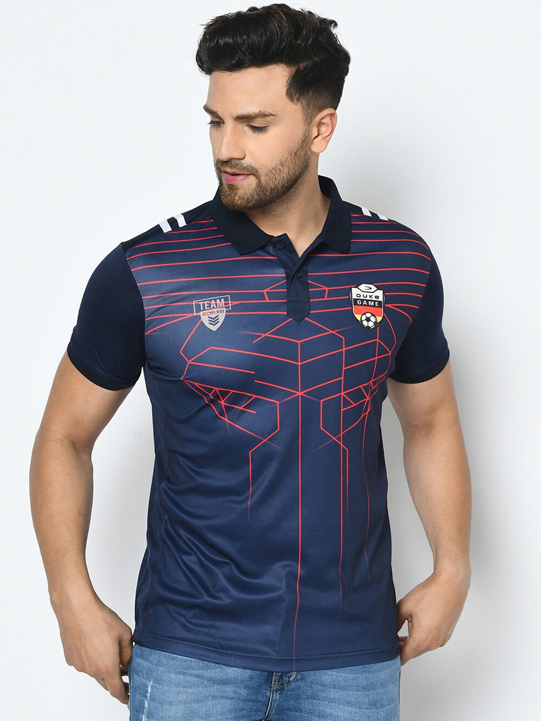 

Duke Men Blue Printed Polo Collar T-shirt