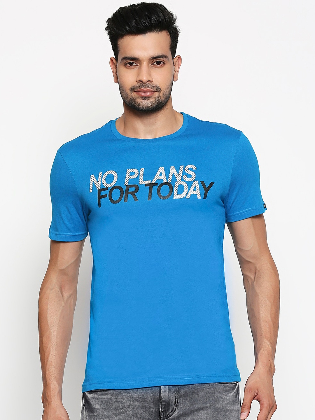 

People Men Turquoise Blue Printed Round Neck T-shirt