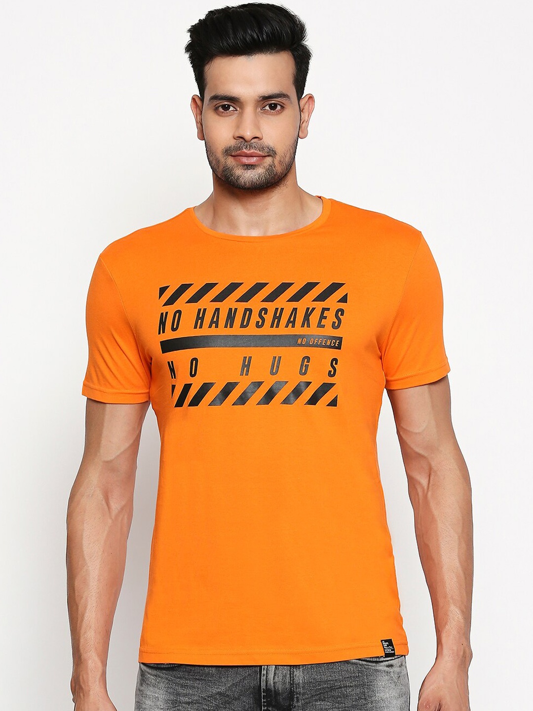 

People Men Orange Printed Round Neck Pure Cotton T-shirt