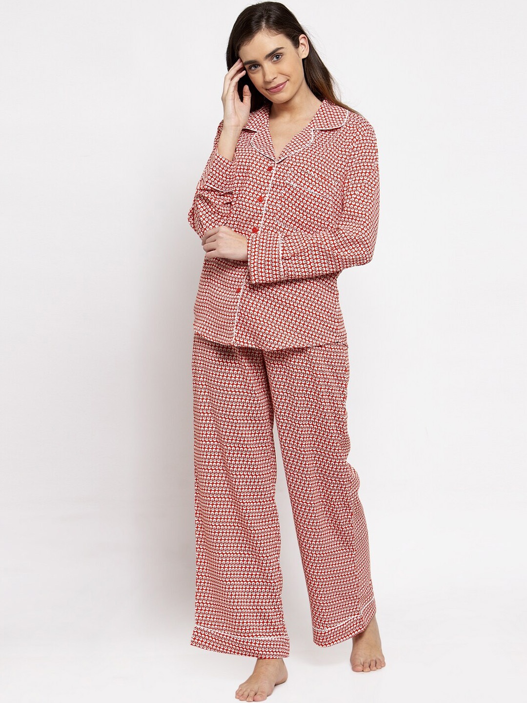 

DOOR74 Women Red & White Printed Night Suit