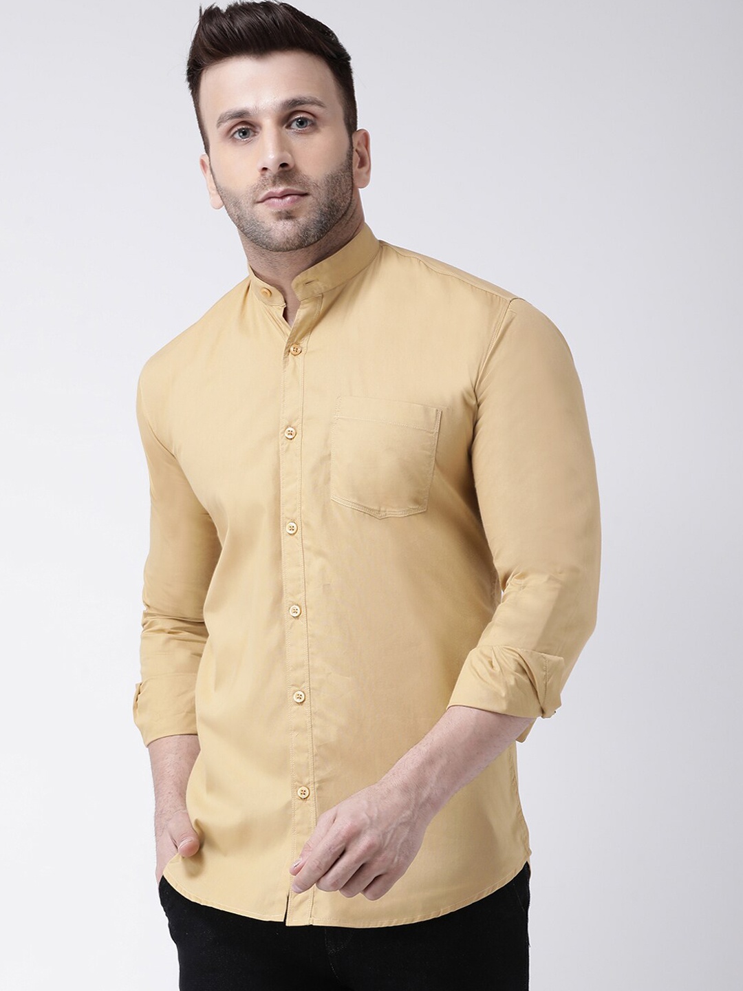 

hangup trend Men Khaki Slim Fit Solid Casual Shirt, Yellow