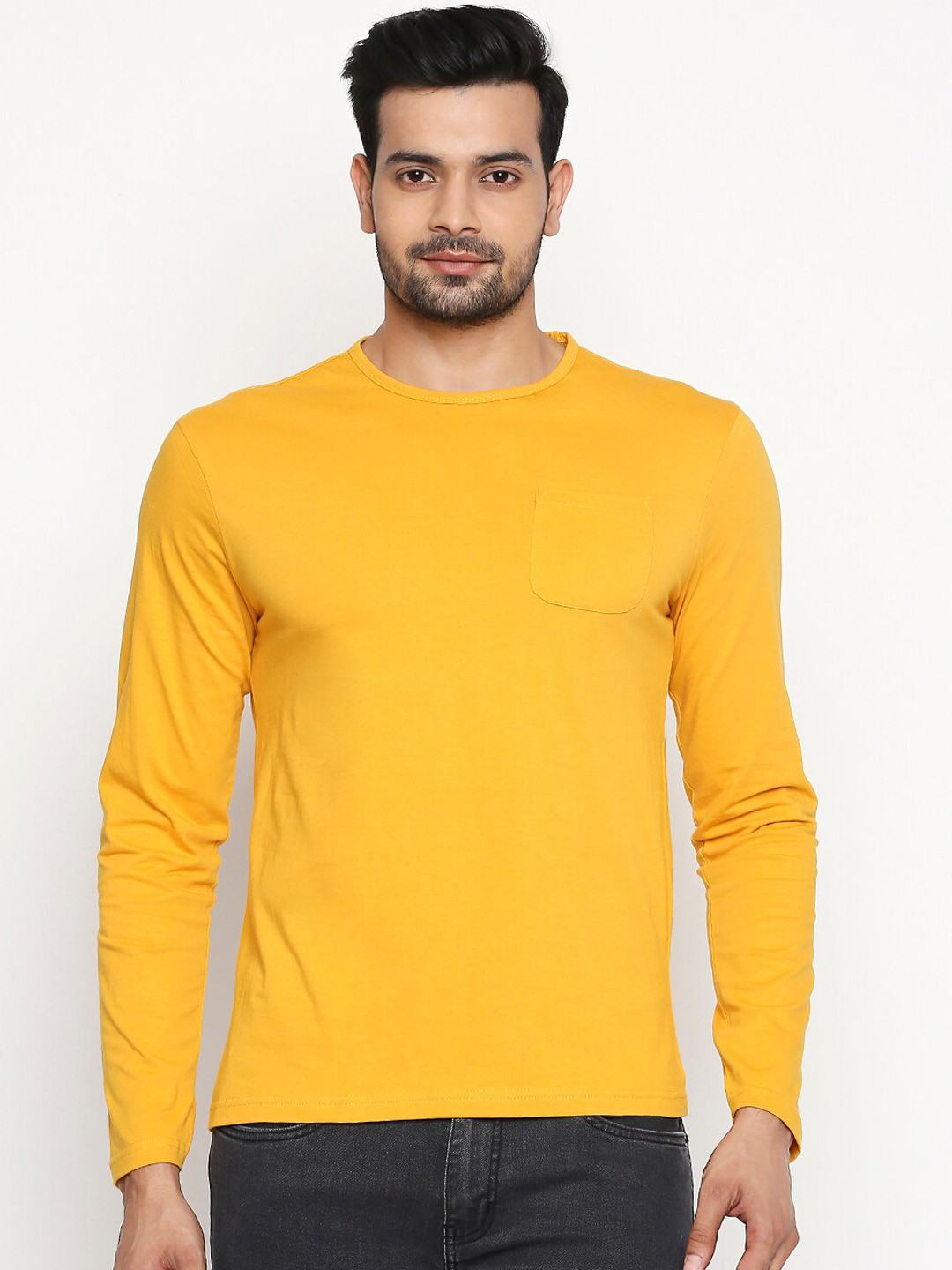 

People Men Yellow Solid Round Neck T-shirt