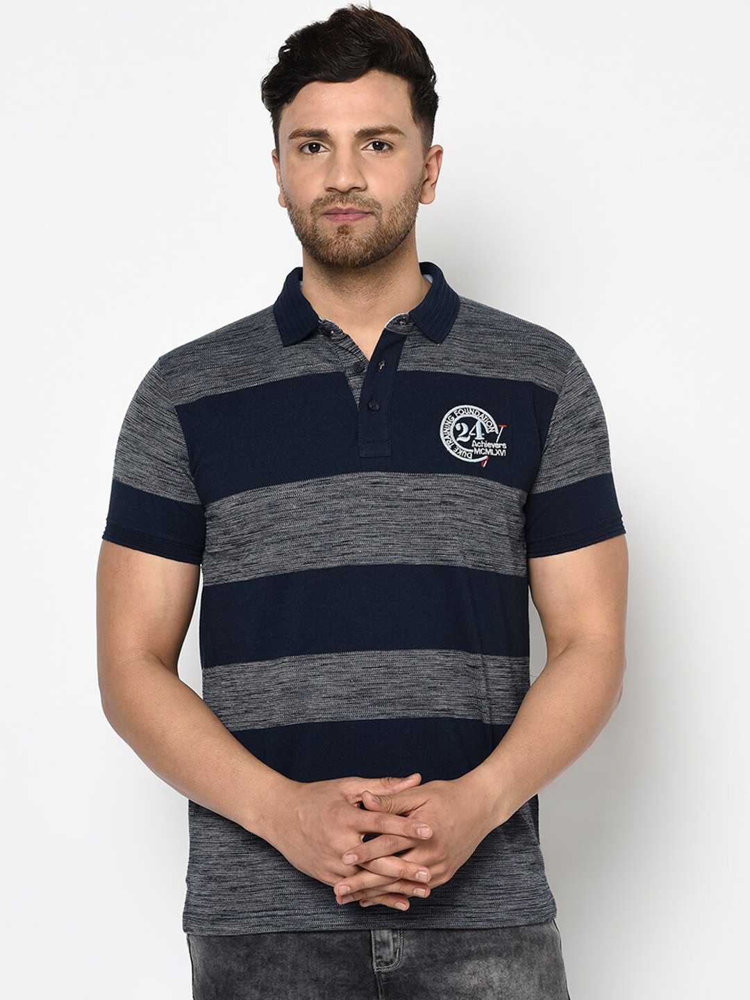 

Duke Men Blue Striped Polo Collar Cotton T-shirt