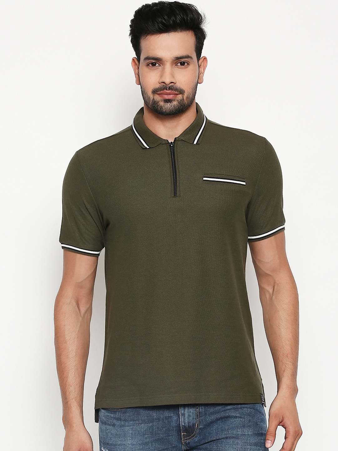 

People Men Olive Green Solid Polo Collar T-shirt