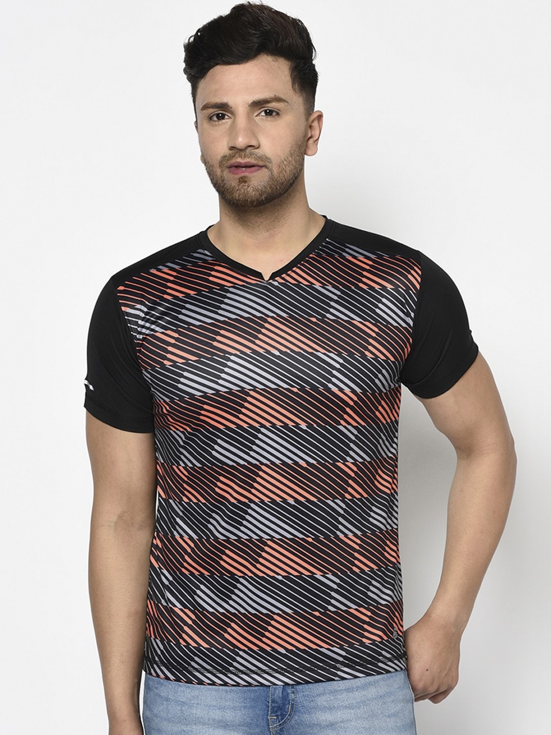 

Duke Men Black Striped V-Neck T-shirt