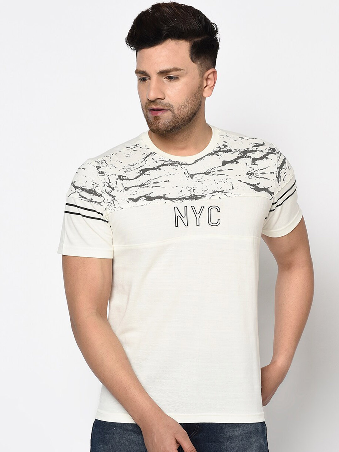 

Duke Men Off-White Printed Round Neck Cotton T-shirt