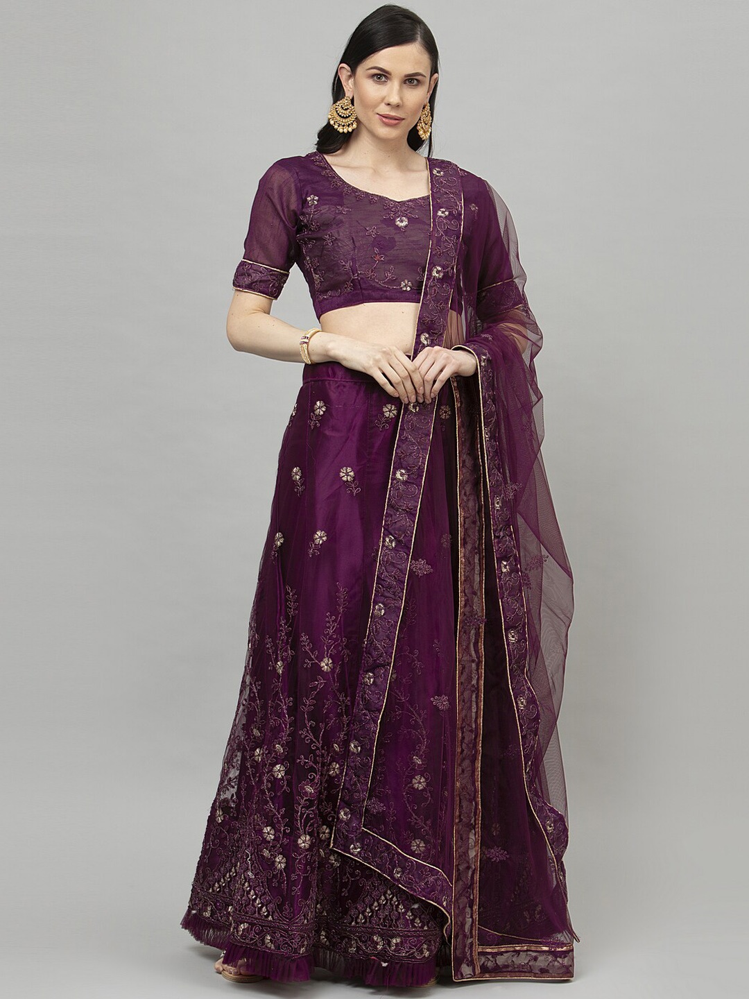 

DIVASTRI Women Purple & Gold Coloured Embroidered Semi Stitched Lehenga Unstitched Choli with Dupatta