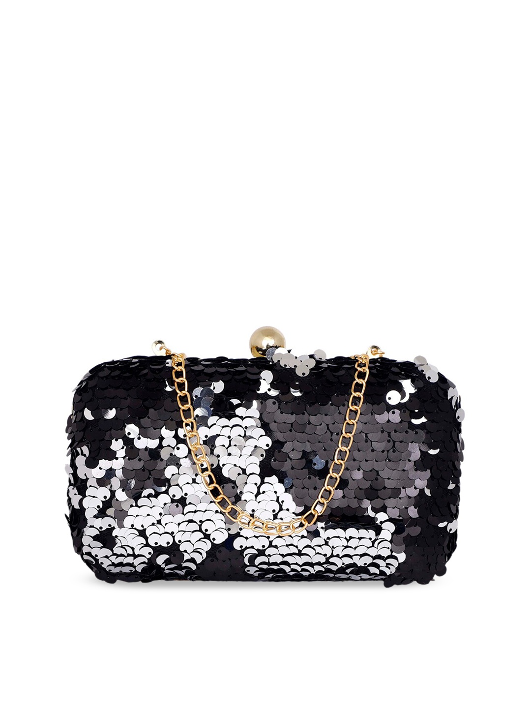 

REZZY Women Black & Silver-Toned Embellished Box Clutch