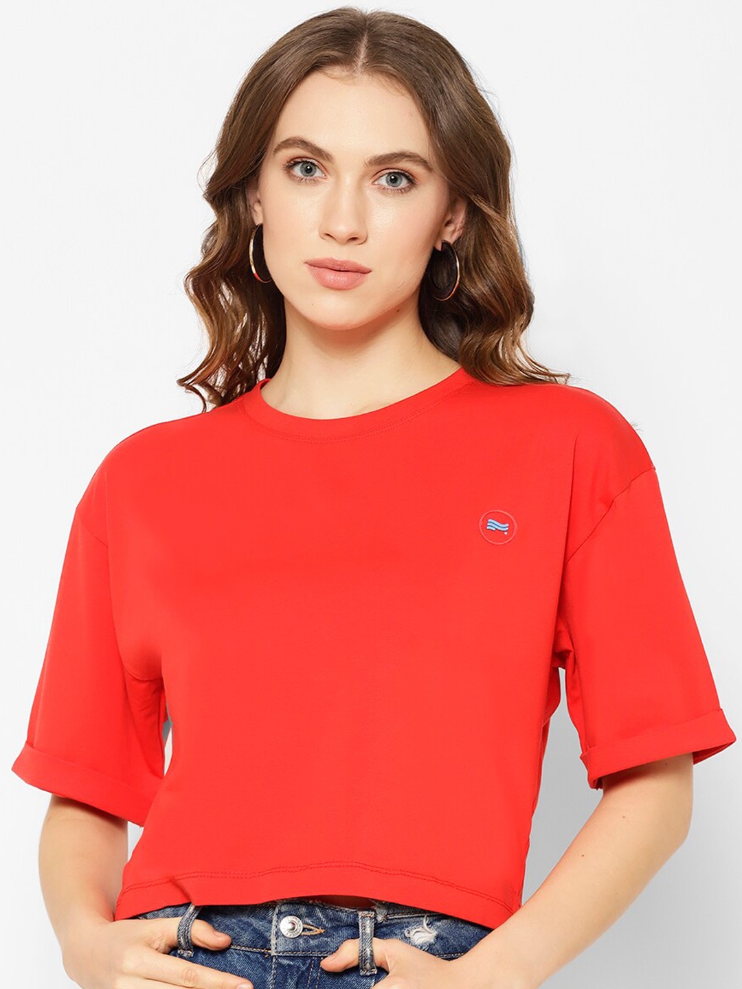 COASTLAND Women Red Solid Round Neck Crop T-shirt