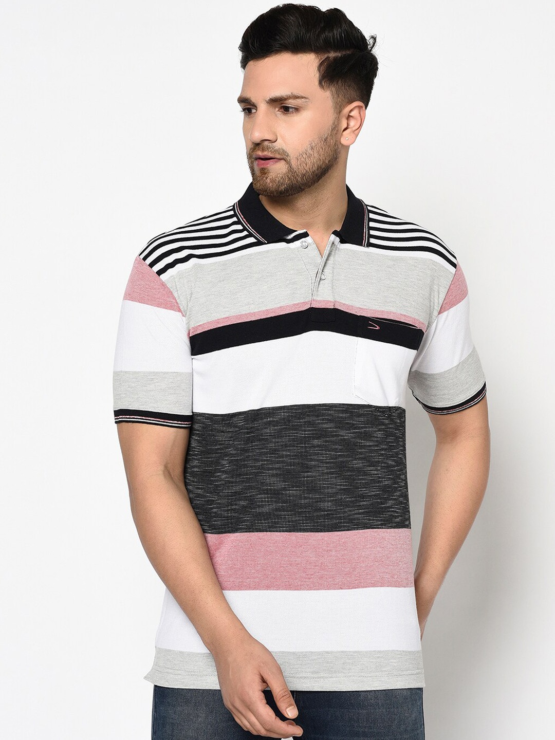 

Duke Men Black Striped Polo Collar Cotton T-shirt