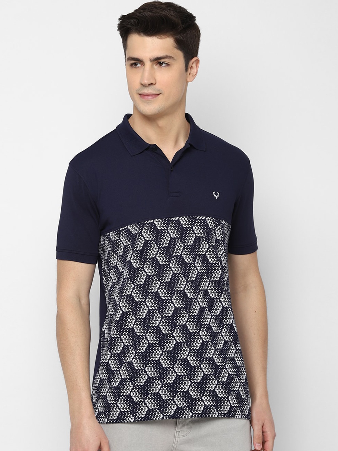 

Allen Solly Men Navy Blue Printed Polo Collar Pure Cotton T-shirt