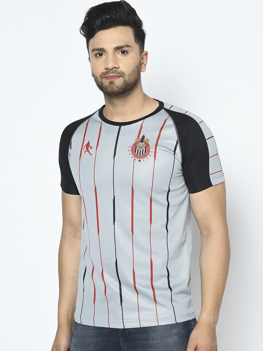 

Duke Men Grey Striped Round Neck T-shirt