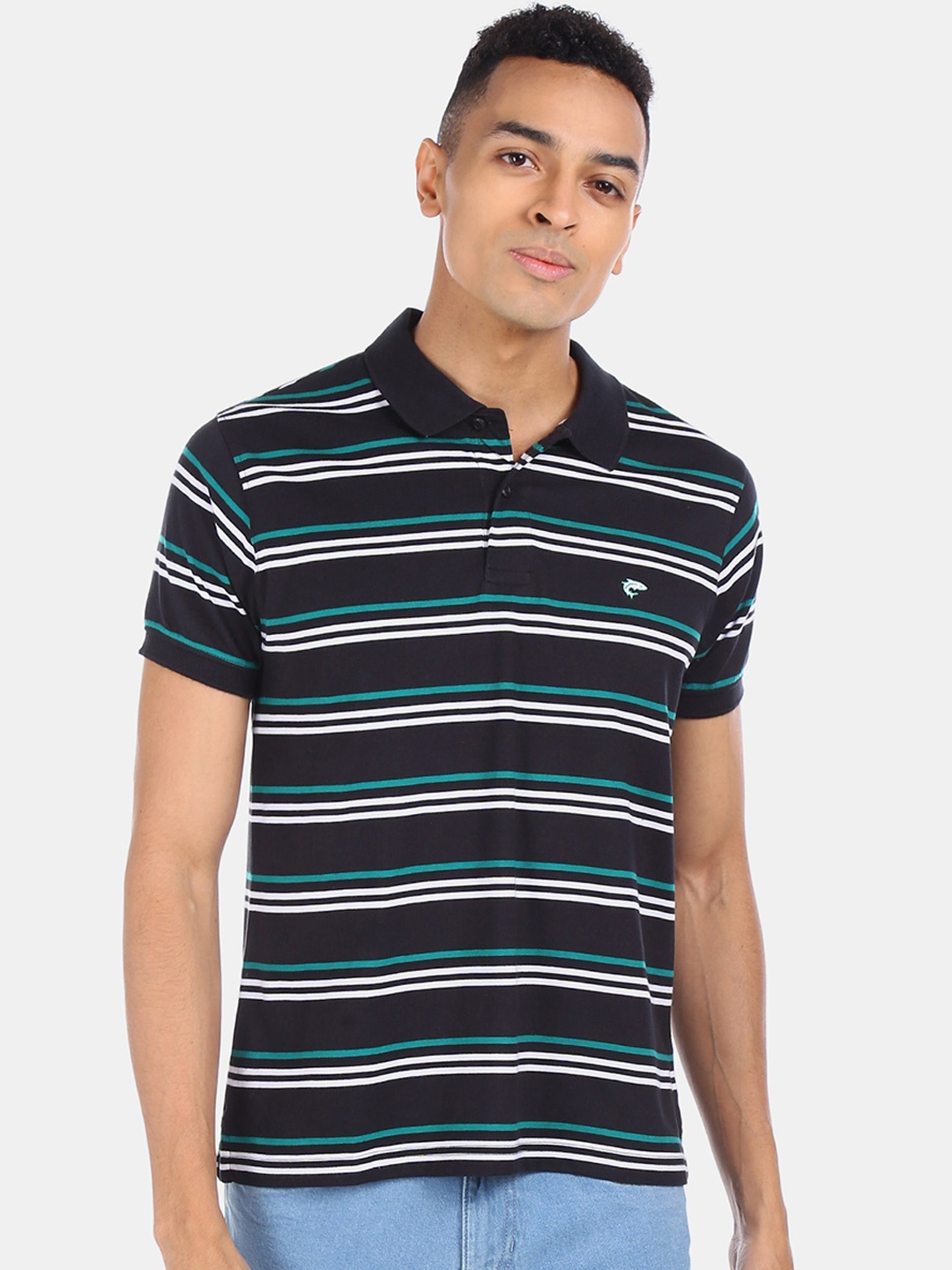 

Ruggers Men Black Striped Polo Collar Pure Cotton T-shirt
