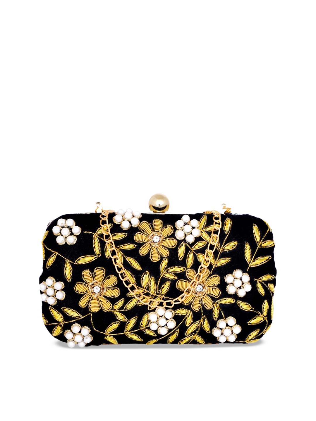 

REZZY Women Black & Gold-Toned Embroidered Box Clutch