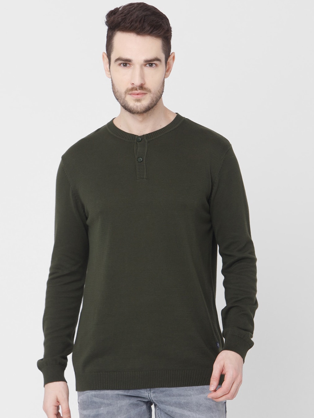 

Mufti Men Olive Green Solid Pullover Sweater
