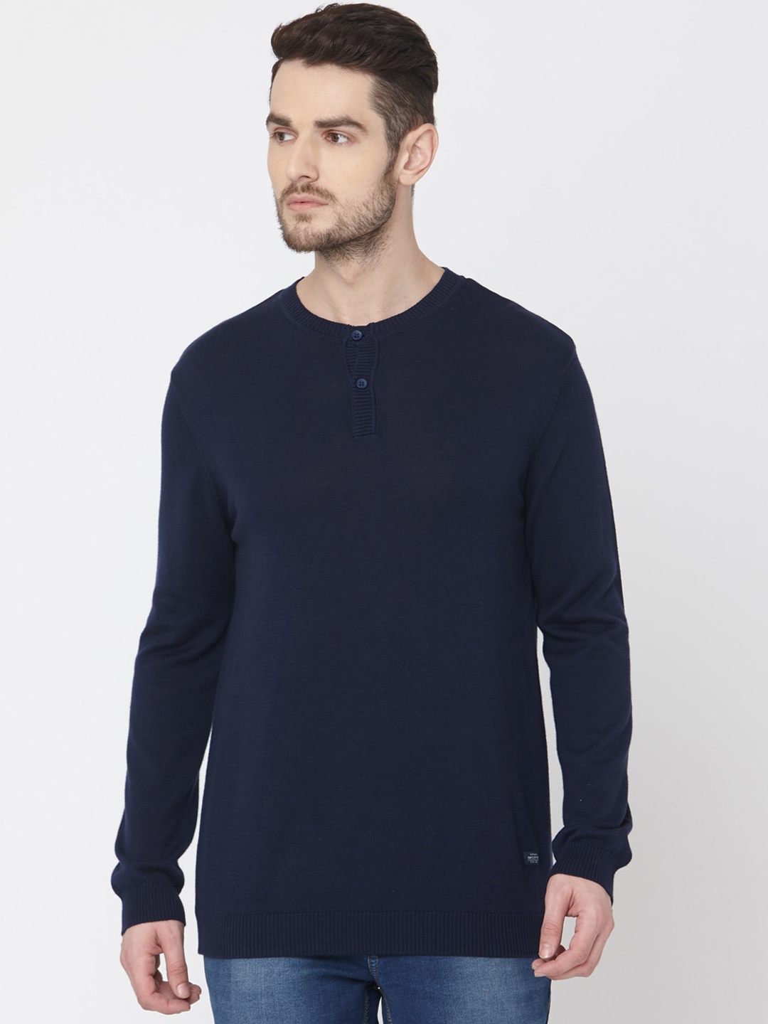 

Mufti Men Navy Blue Solid Pullover Sweater